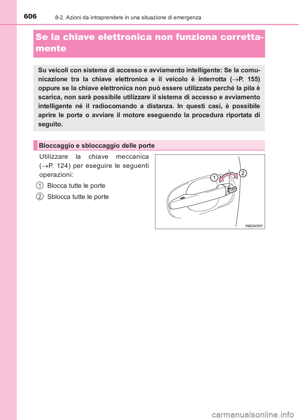 TOYOTA AVENSIS 2017 Manuale duso (in Italian) 6068-2. Azioni da intraprendere in una situazione di emergenza
AVENSIS_OM_OM20C70L_(EL)
Se la chiave elettronica non funziona corretta-
mente
Utilizzare la chiave meccanica
(→ P. 124) per eseguire l TOYOTA AVENSIS 2017 Manuale duso (in Italian) 6068-2. Azioni da intraprendere in una situazione di emergenza
AVENSIS_OM_OM20C70L_(EL)
Se la chiave elettronica non funziona corretta-
mente
Utilizzare la chiave meccanica
(→ P. 124) per eseguire l