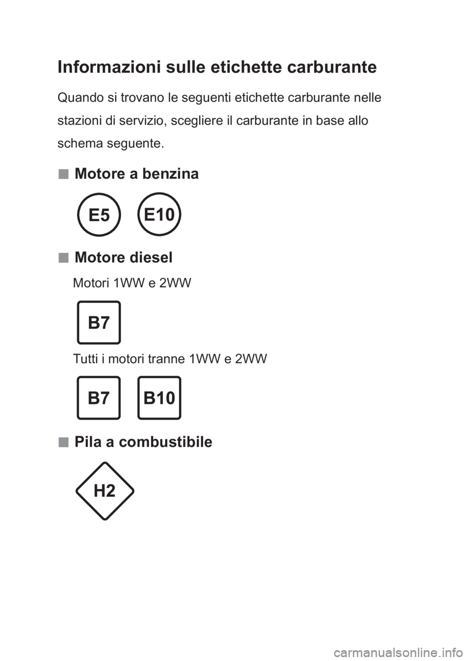 TOYOTA AVENSIS 2017 Manuale duso (in Italian) Informazioni sulle etichette carburante
Quando si trovano le seguenti etichette carburante nelle
stazioni di servizio, scegliere il carburante in base allo
schema seguente.
Motore a benzina
TOYOTA AVENSIS 2017 Manuale duso (in Italian) Informazioni sulle etichette carburante
Quando si trovano le seguenti etichette carburante nelle
stazioni di servizio, scegliere il carburante in base allo
schema seguente.
Motore a benzina