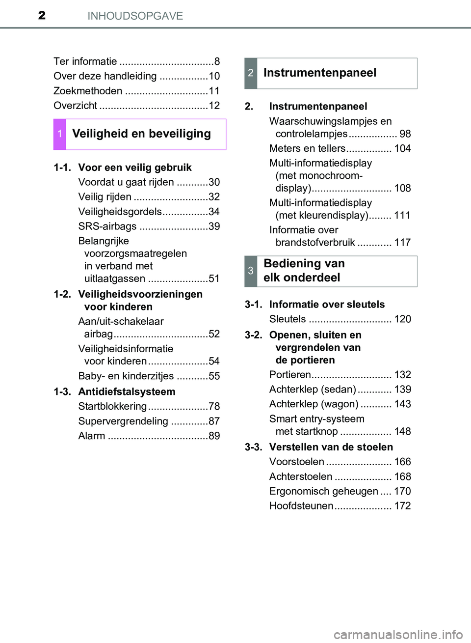 TOYOTA AVENSIS 2017 Instructieboekje (in Dutch) INHOUDSOPGAVE2
AVENSIS_OM_OM20C66E_(EE)Ter informatie .................................8
Over deze handleiding .................10
Zoekmethoden .............................11
Overzicht .............. TOYOTA AVENSIS 2017 Instructieboekje (in Dutch) INHOUDSOPGAVE2
AVENSIS_OM_OM20C66E_(EE)Ter informatie .................................8
Over deze handleiding .................10
Zoekmethoden .............................11
Overzicht ..............