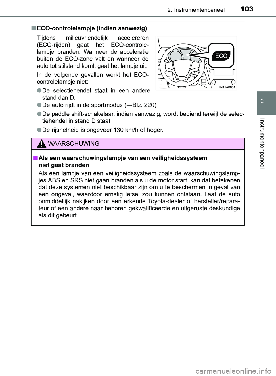 TOYOTA AVENSIS 2017  Instructieboekje (in Dutch) 1032. Instrumentenpaneel
2
Instrumentenpaneel
AVENSIS_OM_OM20C66E_(EE)
■ECO-controlelampje (indien aanwezig)
●De auto rijdt in de sportmodus (→Blz. 220)
●De paddle shift-schakelaar, indien aan