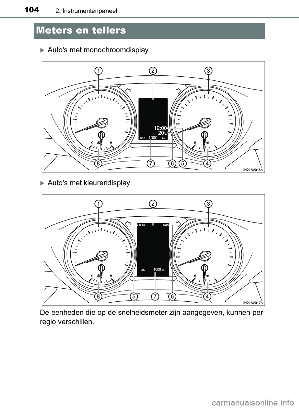 TOYOTA AVENSIS 2017  Instructieboekje (in Dutch) 1042. Instrumentenpaneel
AVENSIS_OM_OM20C66E_(EE)
Meters en tellers
Auto's met monochroomdisplay
Auto's met kleurendisplay
De eenheden die op de snelheidsmeter zijn aangegeven, kunnen pe