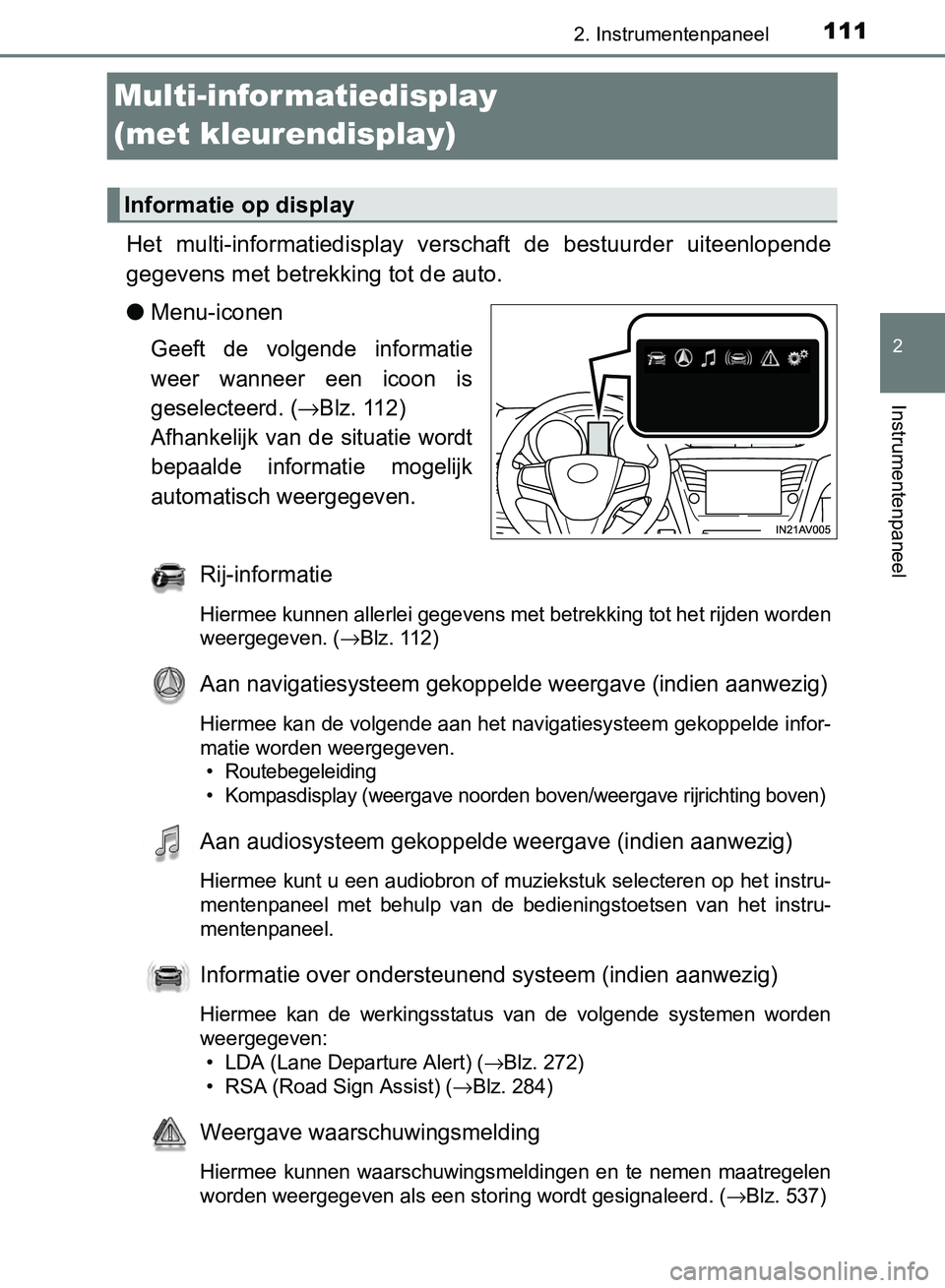 TOYOTA AVENSIS 2017  Instructieboekje (in Dutch) 111
2
2. Instrumentenpaneel
Instrumentenpaneel
AVENSIS_OM_OM20C66E_(EE)
Multi-infor matiedisplay 
(met kleurendisplay)
Het  multi-informatiedisplay  verschaft  de  bestuurder  uiteenlopende
gegevens m