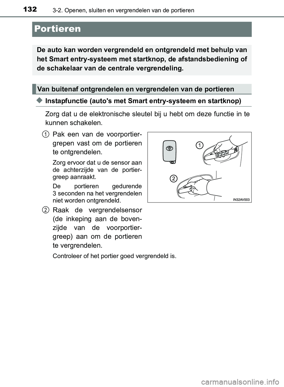 TOYOTA AVENSIS 2017 Instructieboekje (in Dutch) 1323-2. Openen, sluiten en vergrendelen van de portieren
AVENSIS_OM_OM20C66E_(EE)
Por tieren
◆Instapfunctie (auto's met Smart entry-systeem en startknop)
Zorg dat u de elektronische sleutel bij TOYOTA AVENSIS 2017 Instructieboekje (in Dutch) 1323-2. Openen, sluiten en vergrendelen van de portieren
AVENSIS_OM_OM20C66E_(EE)
Por tieren
◆Instapfunctie (auto's met Smart entry-systeem en startknop)
Zorg dat u de elektronische sleutel bij