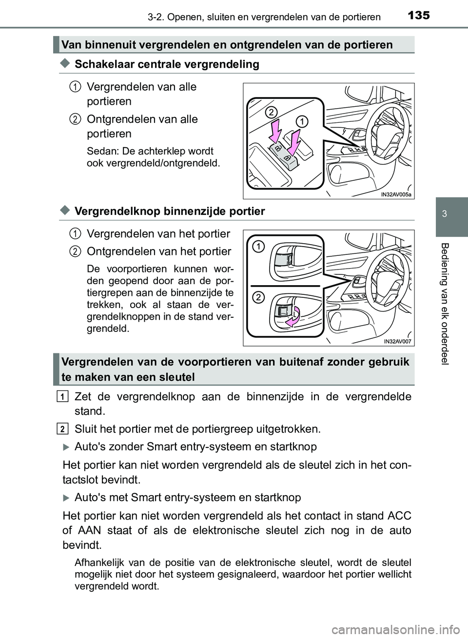 TOYOTA AVENSIS 2017 Instructieboekje (in Dutch) 1353-2. Openen, sluiten en vergrendelen van de portieren
3
Bediening van elk onderdeel
AVENSIS_OM_OM20C66E_(EE)
◆Schakelaar centrale vergrendeling
Vergrendelen van alle
portieren
Ontgrendelen van a TOYOTA AVENSIS 2017 Instructieboekje (in Dutch) 1353-2. Openen, sluiten en vergrendelen van de portieren
3
Bediening van elk onderdeel
AVENSIS_OM_OM20C66E_(EE)
◆Schakelaar centrale vergrendeling
Vergrendelen van alle
portieren
Ontgrendelen van a