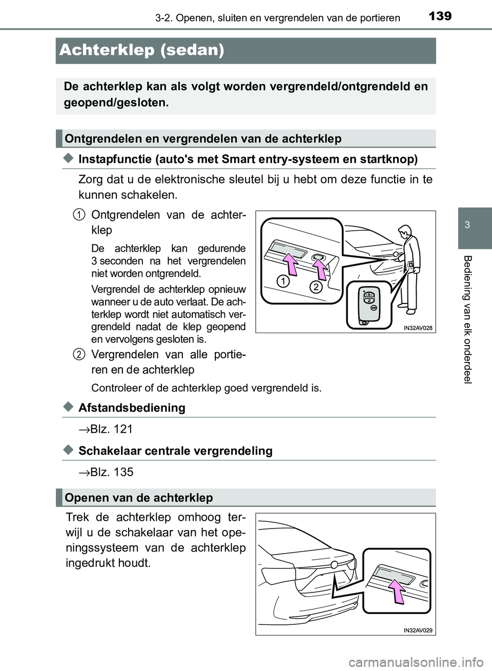 TOYOTA AVENSIS 2017 Instructieboekje (in Dutch) 139
3
3-2. Openen, sluiten en vergrendelen van de portieren
Bediening van elk onderdeel
AVENSIS_OM_OM20C66E_(EE)
Achterklep (sedan)
◆Instapfunctie (auto's met Smart entry-systeem en startknop)
Z TOYOTA AVENSIS 2017 Instructieboekje (in Dutch) 139
3
3-2. Openen, sluiten en vergrendelen van de portieren
Bediening van elk onderdeel
AVENSIS_OM_OM20C66E_(EE)
Achterklep (sedan)
◆Instapfunctie (auto's met Smart entry-systeem en startknop)
Z