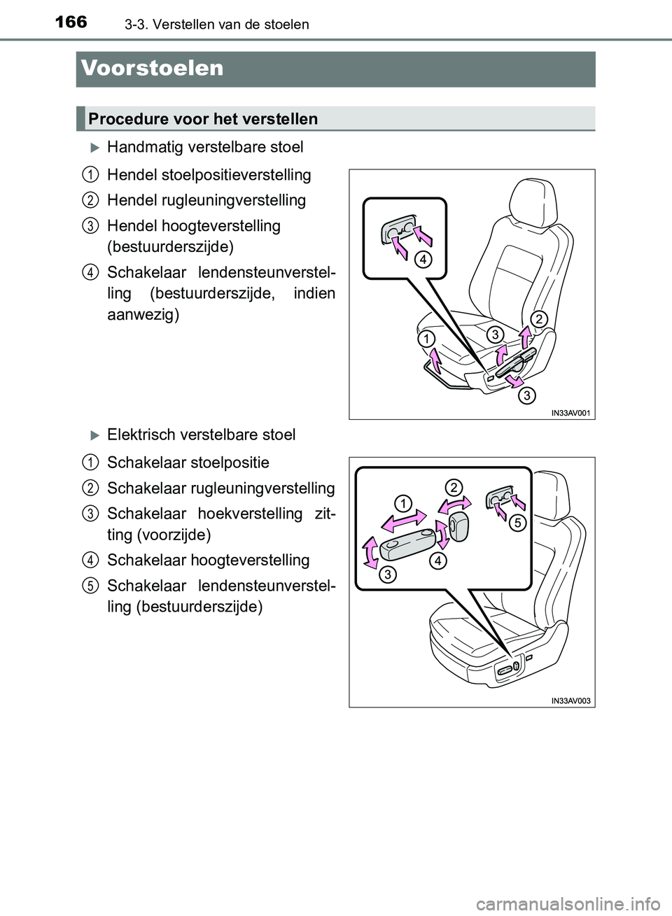 TOYOTA AVENSIS 2017 Instructieboekje (in Dutch) 1663-3. Verstellen van de stoelen
AVENSIS_OM_OM20C66E_(EE)
Voorstoelen
Handmatig verstelbare stoel
Hendel stoelpositieverstelling
Hendel rugleuningverstelling
Hendel hoogteverstelling
(bestuurders TOYOTA AVENSIS 2017 Instructieboekje (in Dutch) 1663-3. Verstellen van de stoelen
AVENSIS_OM_OM20C66E_(EE)
Voorstoelen
Handmatig verstelbare stoel
Hendel stoelpositieverstelling
Hendel rugleuningverstelling
Hendel hoogteverstelling
(bestuurders