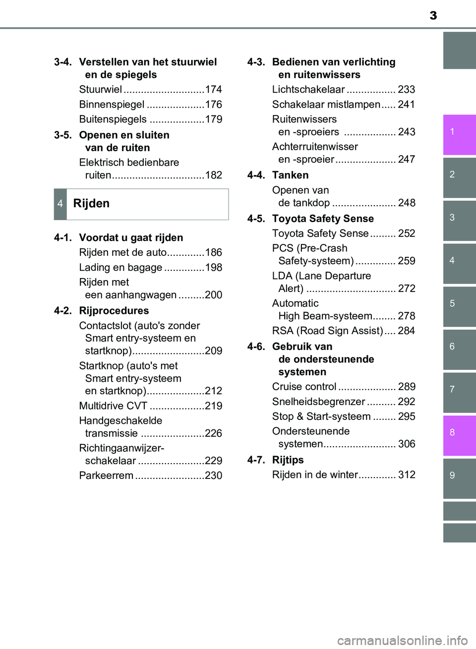TOYOTA AVENSIS 2017 Instructieboekje (in Dutch) 3
1
8 6 5
4
3
2
AVENSIS_OM_OM20C66E_(EE)
9
7
3-4. Verstellen van het stuurwiel
en de spiegels
Stuurwiel ............................174
Binnenspiegel ....................176
Buitenspiegels .......... TOYOTA AVENSIS 2017 Instructieboekje (in Dutch) 3
1
8 6 5
4
3
2
AVENSIS_OM_OM20C66E_(EE)
9
7
3-4. Verstellen van het stuurwiel
en de spiegels
Stuurwiel ............................174
Binnenspiegel ....................176
Buitenspiegels ..........