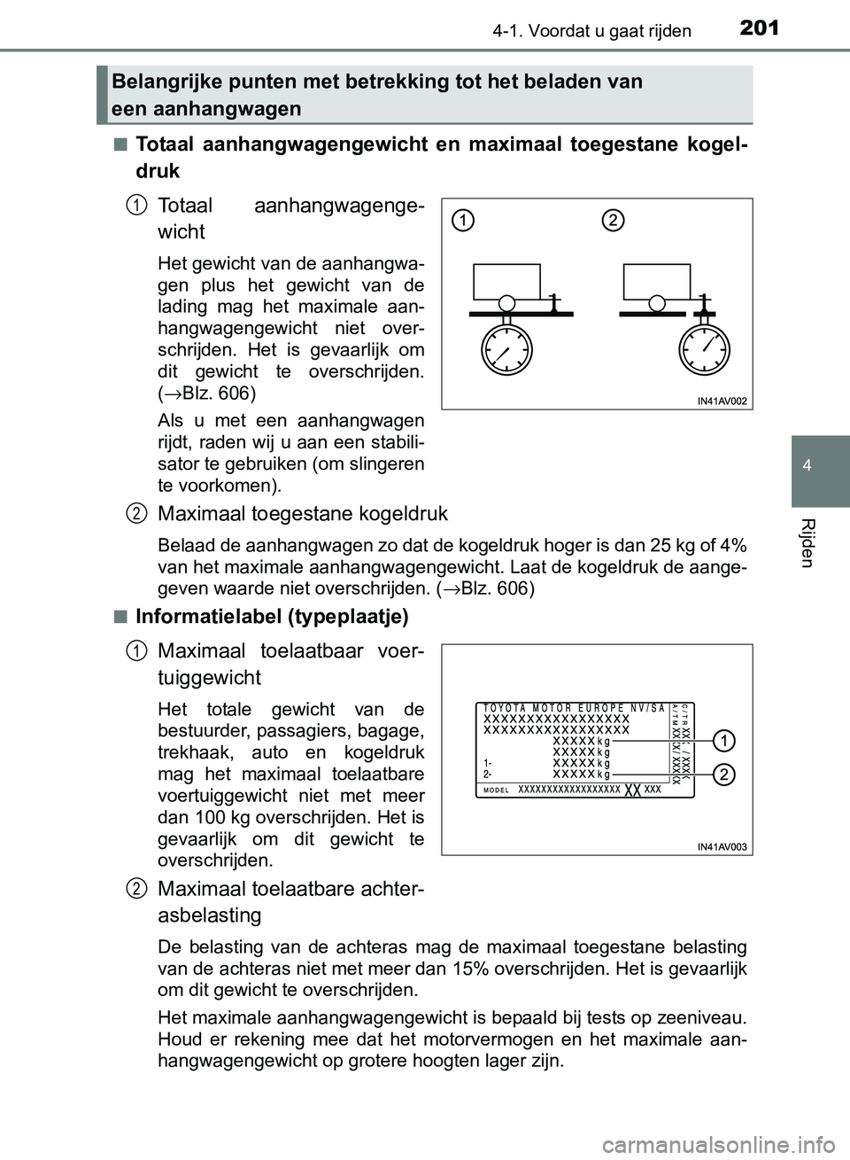 TOYOTA AVENSIS 2017 Instructieboekje (in Dutch) 2014-1. Voordat u gaat rijden
4
Rijden
AVENSIS_OM_OM20C66E_(EE)■
Totaal aanhangwagengewicht en maximaal toegestane kogel-
druk
Totaal aanhangwagenge-
wicht
Het gewicht van de aanhangwa-
gen p TOYOTA AVENSIS 2017 Instructieboekje (in Dutch) 2014-1. Voordat u gaat rijden
4
Rijden
AVENSIS_OM_OM20C66E_(EE)■
Totaal aanhangwagengewicht en maximaal toegestane kogel-
druk
Totaal aanhangwagenge-
wicht
Het gewicht van de aanhangwa-
gen p