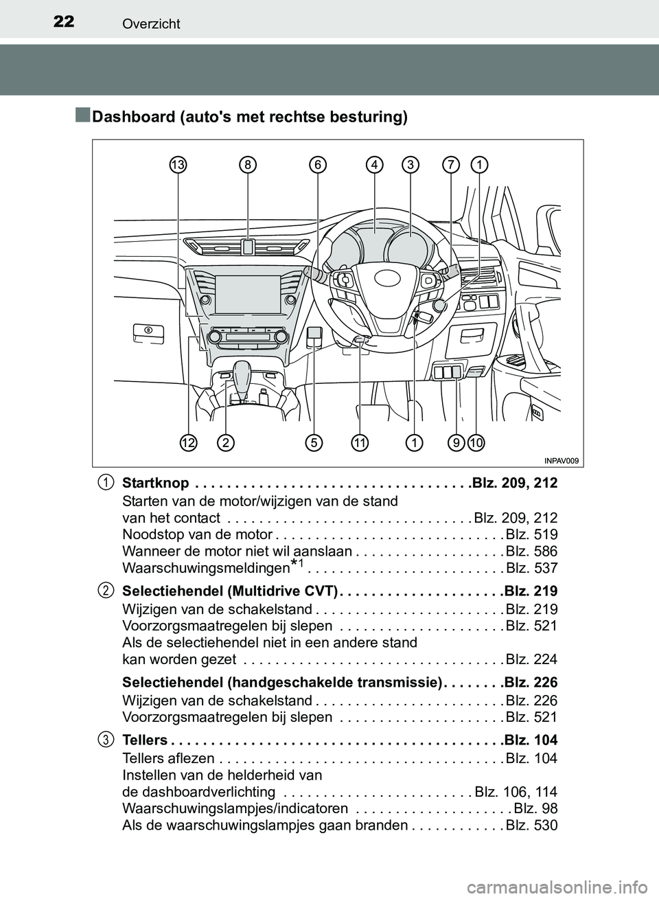 TOYOTA AVENSIS 2017 Instructieboekje (in Dutch) 22Overzicht
AVENSIS_OM_OM20C66E_(EE)
■Dashboard (auto's met rechtse besturing)
Startknop . . . . . . . . . . . . . . . . . . . . . . . . . . . . . . . . . . .Blz. 209, 212
Starten van de motor/ TOYOTA AVENSIS 2017 Instructieboekje (in Dutch) 22Overzicht
AVENSIS_OM_OM20C66E_(EE)
■Dashboard (auto's met rechtse besturing)
Startknop . . . . . . . . . . . . . . . . . . . . . . . . . . . . . . . . . . .Blz. 209, 212
Starten van de motor/