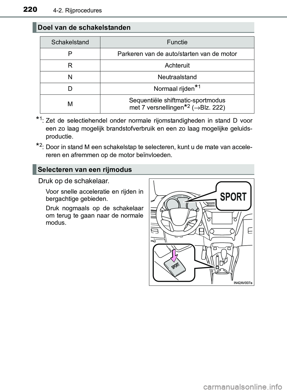 TOYOTA AVENSIS 2017 Instructieboekje (in Dutch) 2204-2. Rijprocedures
AVENSIS_OM_OM20C66E_(EE)
*1: Zet de selectiehendel onder normale rijomstandigheden in stand D voor
een zo laag mogelijk brandstofverbruik en een zo laag mogelij TOYOTA AVENSIS 2017 Instructieboekje (in Dutch) 2204-2. Rijprocedures
AVENSIS_OM_OM20C66E_(EE)
*1: Zet de selectiehendel onder normale rijomstandigheden in stand D voor
een zo laag mogelijk brandstofverbruik en een zo laag mogelij