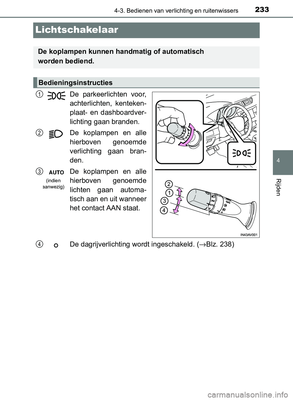 TOYOTA AVENSIS 2017 Instructieboekje (in Dutch) 233
4
4-3. Bedienen van verlichting en ruitenwissers
Rijden
AVENSIS_OM_OM20C66E_(EE)
Lichtschakelaar
De parkeerlichten voor,
achterlichten, kenteken-
plaat- en dashboardver-
lichting gaan branden TOYOTA AVENSIS 2017 Instructieboekje (in Dutch) 233
4
4-3. Bedienen van verlichting en ruitenwissers
Rijden
AVENSIS_OM_OM20C66E_(EE)
Lichtschakelaar
De parkeerlichten voor,
achterlichten, kenteken-
plaat- en dashboardver-
lichting gaan branden