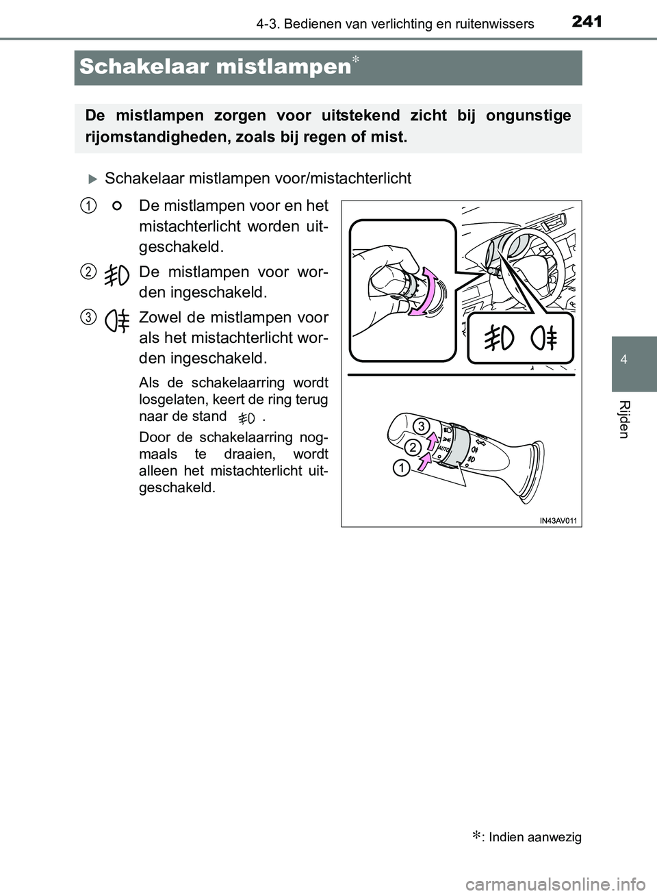 TOYOTA AVENSIS 2017 Instructieboekje (in Dutch) 241
4
4-3. Bedienen van verlichting en ruitenwissers
Rijden
AVENSIS_OM_OM20C66E_(EE)
Schakelaar mistlampen∗
Schakelaar mistlampen voor/mistachterlicht
De mistlampen voor en het
mistachterlicht w TOYOTA AVENSIS 2017 Instructieboekje (in Dutch) 241
4
4-3. Bedienen van verlichting en ruitenwissers
Rijden
AVENSIS_OM_OM20C66E_(EE)
Schakelaar mistlampen∗
Schakelaar mistlampen voor/mistachterlicht
De mistlampen voor en het
mistachterlicht w