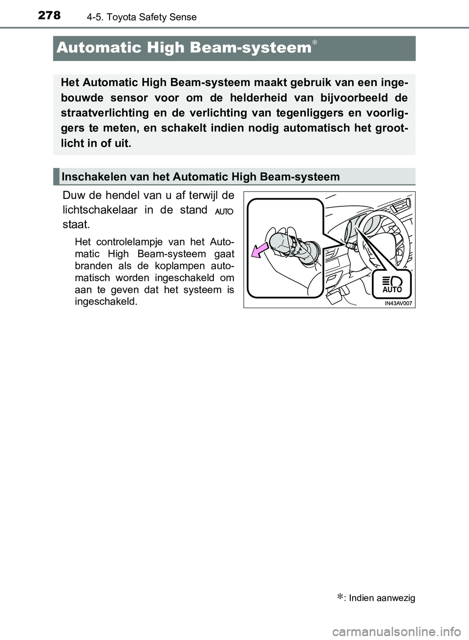 TOYOTA AVENSIS 2017 Instructieboekje (in Dutch) 2784-5. Toyota Safety Sense
AVENSIS_OM_OM20C66E_(EE)
Automatic High Beam-systeem∗
Duw de hendel van u af terwijl de
lichtschakelaar in de stand
staat.
Het controlelampje van het Auto- TOYOTA AVENSIS 2017 Instructieboekje (in Dutch) 2784-5. Toyota Safety Sense
AVENSIS_OM_OM20C66E_(EE)
Automatic High Beam-systeem∗
Duw de hendel van u af terwijl de
lichtschakelaar in de stand
staat.
Het controlelampje van het Auto-