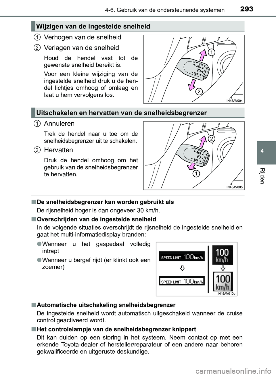 TOYOTA AVENSIS 2017 Instructieboekje (in Dutch) 2934-6. Gebruik van de ondersteunende systemen
4
Rijden
AVENSIS_OM_OM20C66E_(EE)
Verhogen van de snelheid
Verlagen van de snelheid
Houd de hendel vast tot de
gewenste snelheid bereikt is.
Voor e TOYOTA AVENSIS 2017 Instructieboekje (in Dutch) 2934-6. Gebruik van de ondersteunende systemen
4
Rijden
AVENSIS_OM_OM20C66E_(EE)
Verhogen van de snelheid
Verlagen van de snelheid
Houd de hendel vast tot de
gewenste snelheid bereikt is.
Voor e