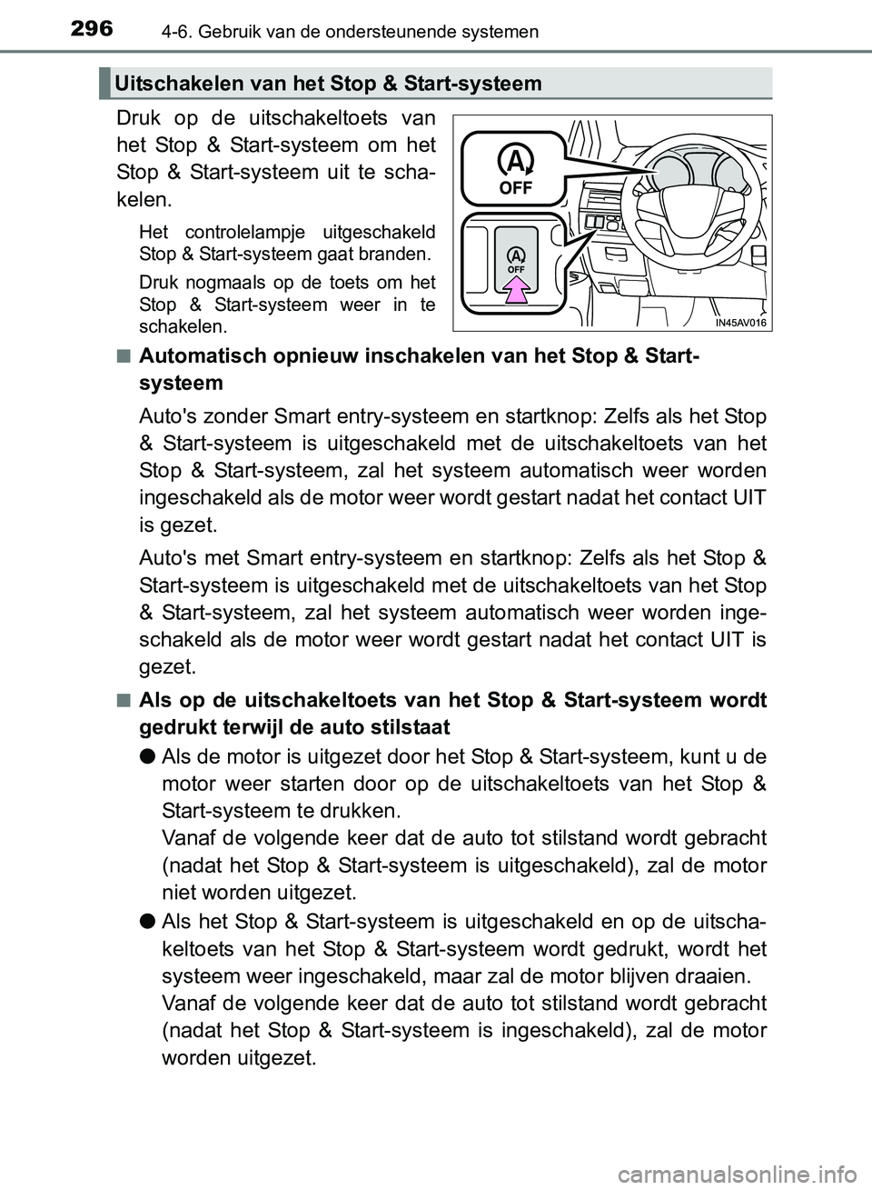 TOYOTA AVENSIS 2017 Instructieboekje (in Dutch) 2964-6. Gebruik van de ondersteunende systemen
AVENSIS_OM_OM20C66E_(EE)
Druk op de uitschakeltoets van
het Stop & Start-systeem om het
Stop & Start-systeem uit te scha-
kelen.
Het contr TOYOTA AVENSIS 2017 Instructieboekje (in Dutch) 2964-6. Gebruik van de ondersteunende systemen
AVENSIS_OM_OM20C66E_(EE)
Druk op de uitschakeltoets van
het Stop & Start-systeem om het
Stop & Start-systeem uit te scha-
kelen.
Het contr
