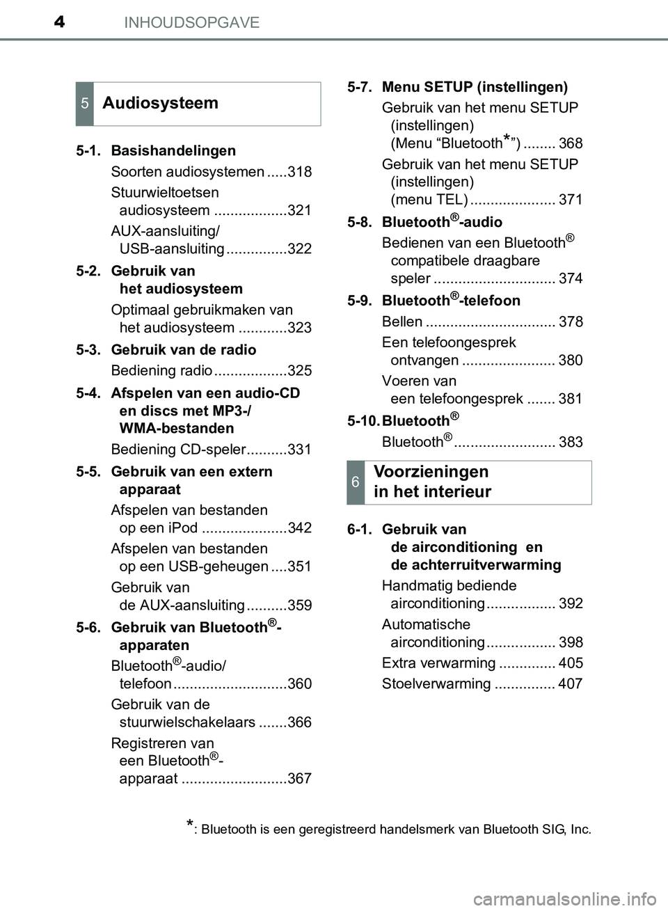 TOYOTA AVENSIS 2017 Instructieboekje (in Dutch) INHOUDSOPGAVE4
AVENSIS_OM_OM20C66E_(EE)5-1. Basishandelingen
Soorten audiosystemen .....318
Stuurwieltoetsen
audiosysteem ..................321
AUX-aansluiting/
USB-aansluiting ...............322
5-2 TOYOTA AVENSIS 2017 Instructieboekje (in Dutch) INHOUDSOPGAVE4
AVENSIS_OM_OM20C66E_(EE)5-1. Basishandelingen
Soorten audiosystemen .....318
Stuurwieltoetsen
audiosysteem ..................321
AUX-aansluiting/
USB-aansluiting ...............322
5-2