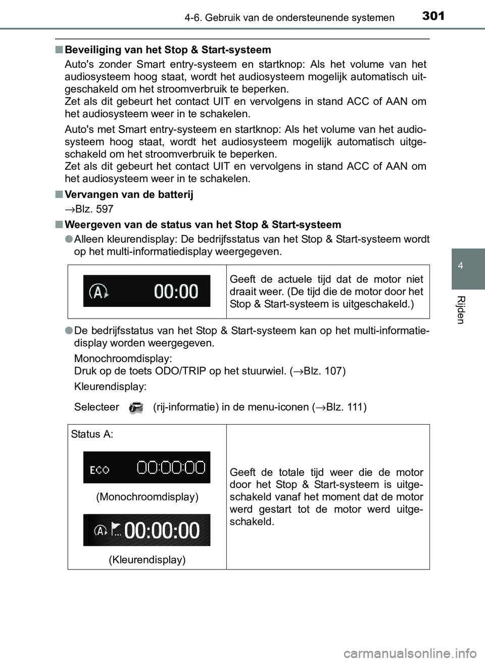 TOYOTA AVENSIS 2017 Instructieboekje (in Dutch) 3014-6. Gebruik van de ondersteunende systemen
4
Rijden
AVENSIS_OM_OM20C66E_(EE)
■Beveiliging van het Stop & Start-systeem
Auto's zonder Smart entry-systeem en startknop: Als het volume TOYOTA AVENSIS 2017 Instructieboekje (in Dutch) 3014-6. Gebruik van de ondersteunende systemen
4
Rijden
AVENSIS_OM_OM20C66E_(EE)
■Beveiliging van het Stop & Start-systeem
Auto's zonder Smart entry-systeem en startknop: Als het volume