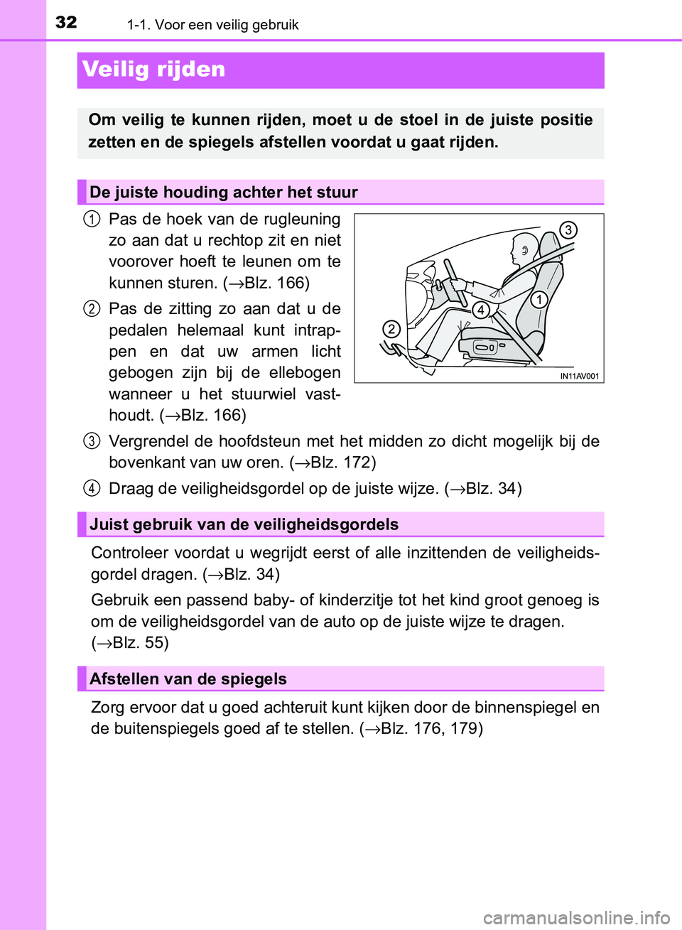 TOYOTA AVENSIS 2017 Instructieboekje (in Dutch) 321-1. Voor een veilig gebruik
AVENSIS_OM_OM20C66E_(EE)
Veilig rijden
Pas de hoek van de rugleuning
zo aan dat u rechtop zit en niet
voorover hoeft te leunen om te
kunnen sturen. (→Blz. 1 TOYOTA AVENSIS 2017 Instructieboekje (in Dutch) 321-1. Voor een veilig gebruik
AVENSIS_OM_OM20C66E_(EE)
Veilig rijden
Pas de hoek van de rugleuning
zo aan dat u rechtop zit en niet
voorover hoeft te leunen om te
kunnen sturen. (→Blz. 1