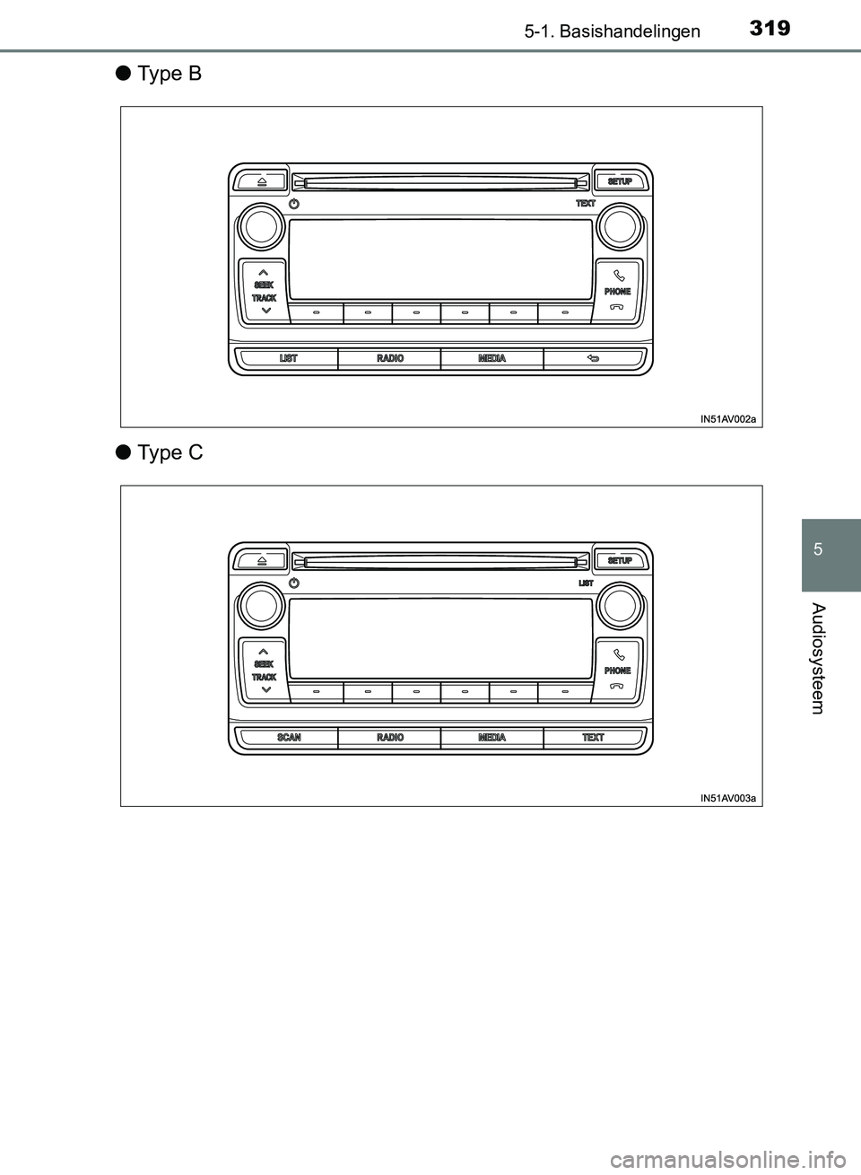 TOYOTA AVENSIS 2017 Instructieboekje (in Dutch) 3195-1. Basishandelingen
5
Audiosysteem
AVENSIS_OM_OM20C66E_(EE)
●Ty p e B
●Ty p e C
AVENSIS_OM_OM20C66E_(EE).book Page 319 Friday, November 4, 2016 5:03 PM TOYOTA AVENSIS 2017 Instructieboekje (in Dutch) 3195-1. Basishandelingen
5
Audiosysteem
AVENSIS_OM_OM20C66E_(EE)
●Ty p e B
●Ty p e C
AVENSIS_OM_OM20C66E_(EE).book Page 319 Friday, November 4, 2016 5:03 PM