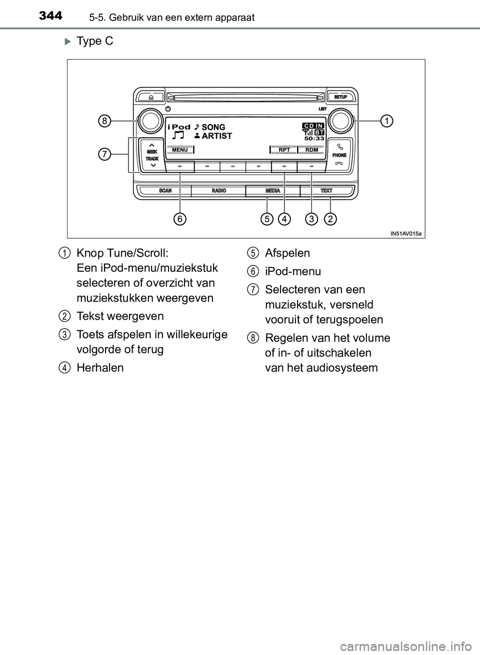 TOYOTA AVENSIS 2017 Instructieboekje (in Dutch) 3445-5. Gebruik van een extern apparaat
AVENSIS_OM_OM20C66E_(EE)
Ty p e C
Knop Tune/Scroll:
Een iPod-menu/muziekstuk
selecteren of overzicht van
muziekstukken weergeven
Tekst weergeven
Toets a TOYOTA AVENSIS 2017 Instructieboekje (in Dutch) 3445-5. Gebruik van een extern apparaat
AVENSIS_OM_OM20C66E_(EE)
Ty p e C
Knop Tune/Scroll:
Een iPod-menu/muziekstuk
selecteren of overzicht van
muziekstukken weergeven
Tekst weergeven
Toets a