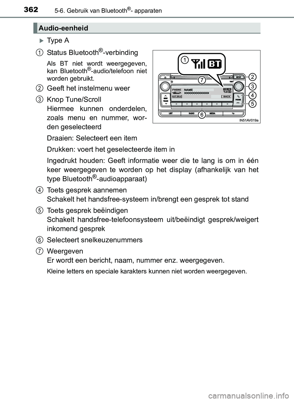 TOYOTA AVENSIS 2017 Instructieboekje (in Dutch) 3625-6. Gebruik van Bluetooth®- apparaten
AVENSIS_OM_OM20C66E_(EE)
Ty p e A
Status Bluetooth
®-verbinding
Als BT niet wordt weergegeven,
kan Bluetooth®-audio/telefoon niet
worden gebruik TOYOTA AVENSIS 2017 Instructieboekje (in Dutch) 3625-6. Gebruik van Bluetooth®- apparaten
AVENSIS_OM_OM20C66E_(EE)
Ty p e A
Status Bluetooth
®-verbinding
Als BT niet wordt weergegeven,
kan Bluetooth®-audio/telefoon niet
worden gebruik