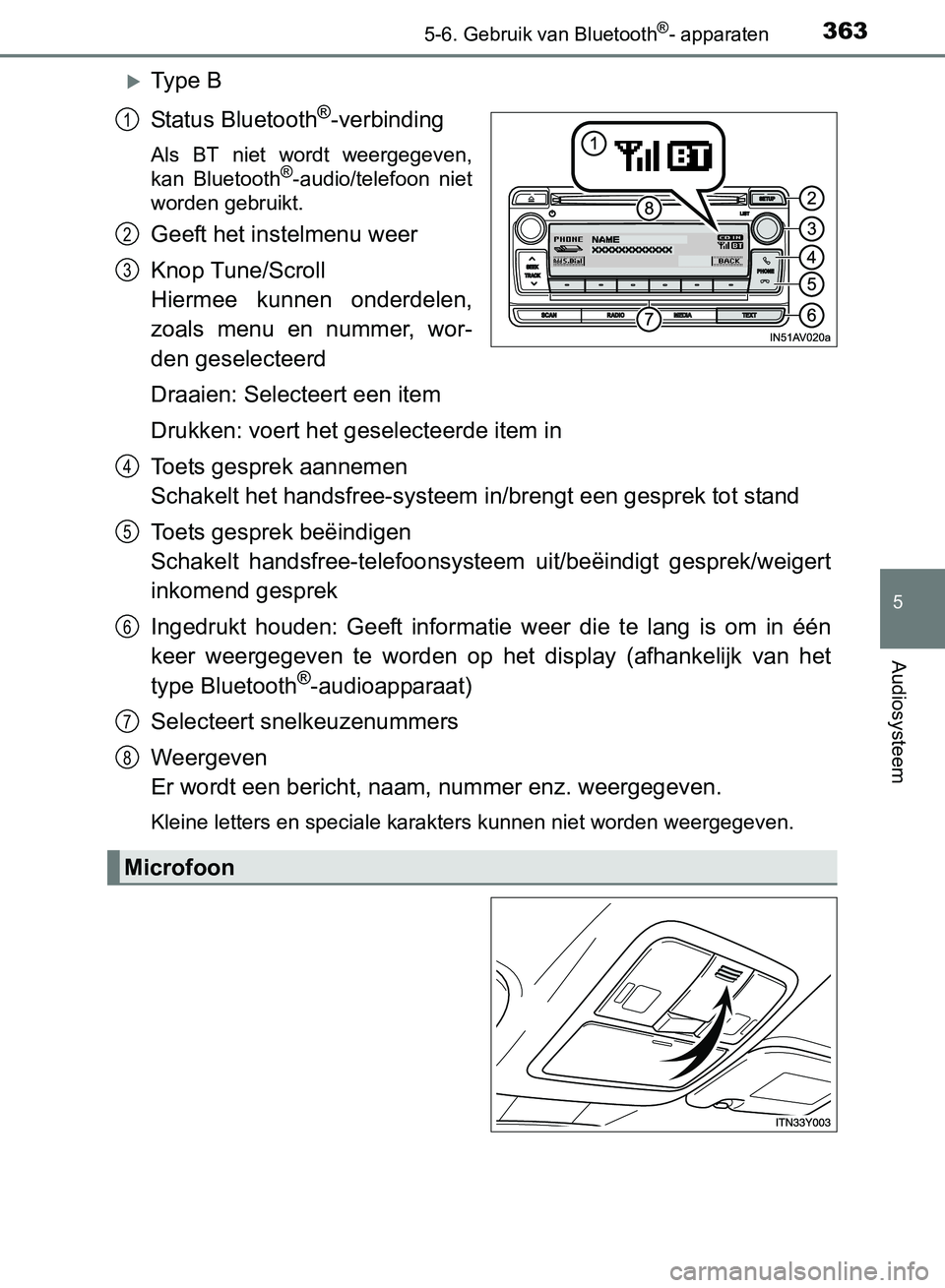 TOYOTA AVENSIS 2017 Instructieboekje (in Dutch) 3635-6. Gebruik van Bluetooth®- apparaten
5
Audiosysteem
AVENSIS_OM_OM20C66E_(EE)
Ty p e B
Status Bluetooth
®-verbinding
Als BT niet wordt weergegeven,
kan Bluetooth®-audio/telefoon niet TOYOTA AVENSIS 2017 Instructieboekje (in Dutch) 3635-6. Gebruik van Bluetooth®- apparaten
5
Audiosysteem
AVENSIS_OM_OM20C66E_(EE)
Ty p e B
Status Bluetooth
®-verbinding
Als BT niet wordt weergegeven,
kan Bluetooth®-audio/telefoon niet