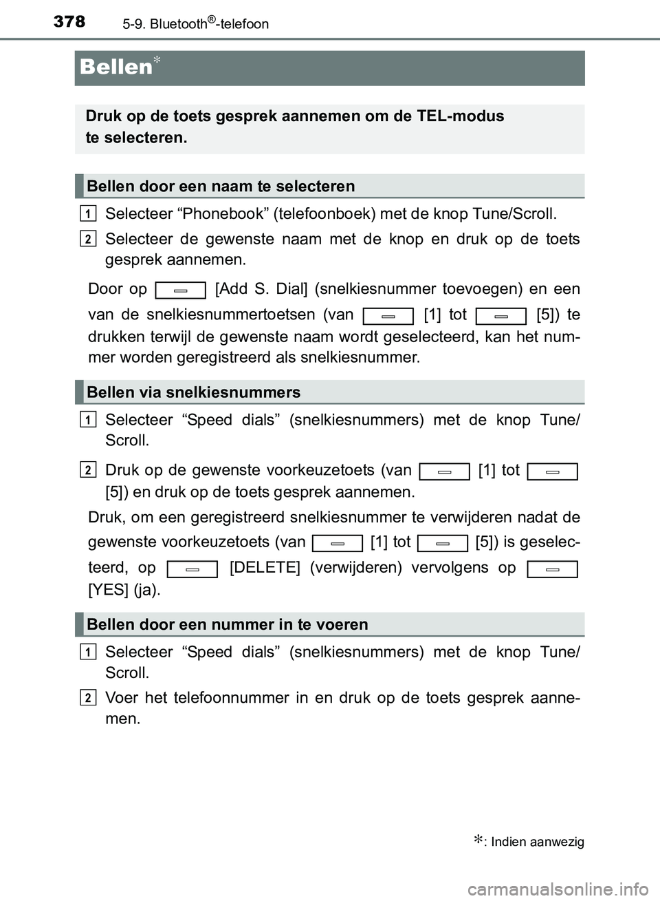 TOYOTA AVENSIS 2017 Instructieboekje (in Dutch) 3785-9. Bluetooth®-telefoon
AVENSIS_OM_OM20C66E_(EE)
Bellen∗
Selecteer “Phonebook” (telefoonboek) met de knop Tune/Scroll.
Selecteer de gewenste naam met de knop en druk op de toets
TOYOTA AVENSIS 2017 Instructieboekje (in Dutch) 3785-9. Bluetooth®-telefoon
AVENSIS_OM_OM20C66E_(EE)
Bellen∗
Selecteer “Phonebook” (telefoonboek) met de knop Tune/Scroll.
Selecteer de gewenste naam met de knop en druk op de toets