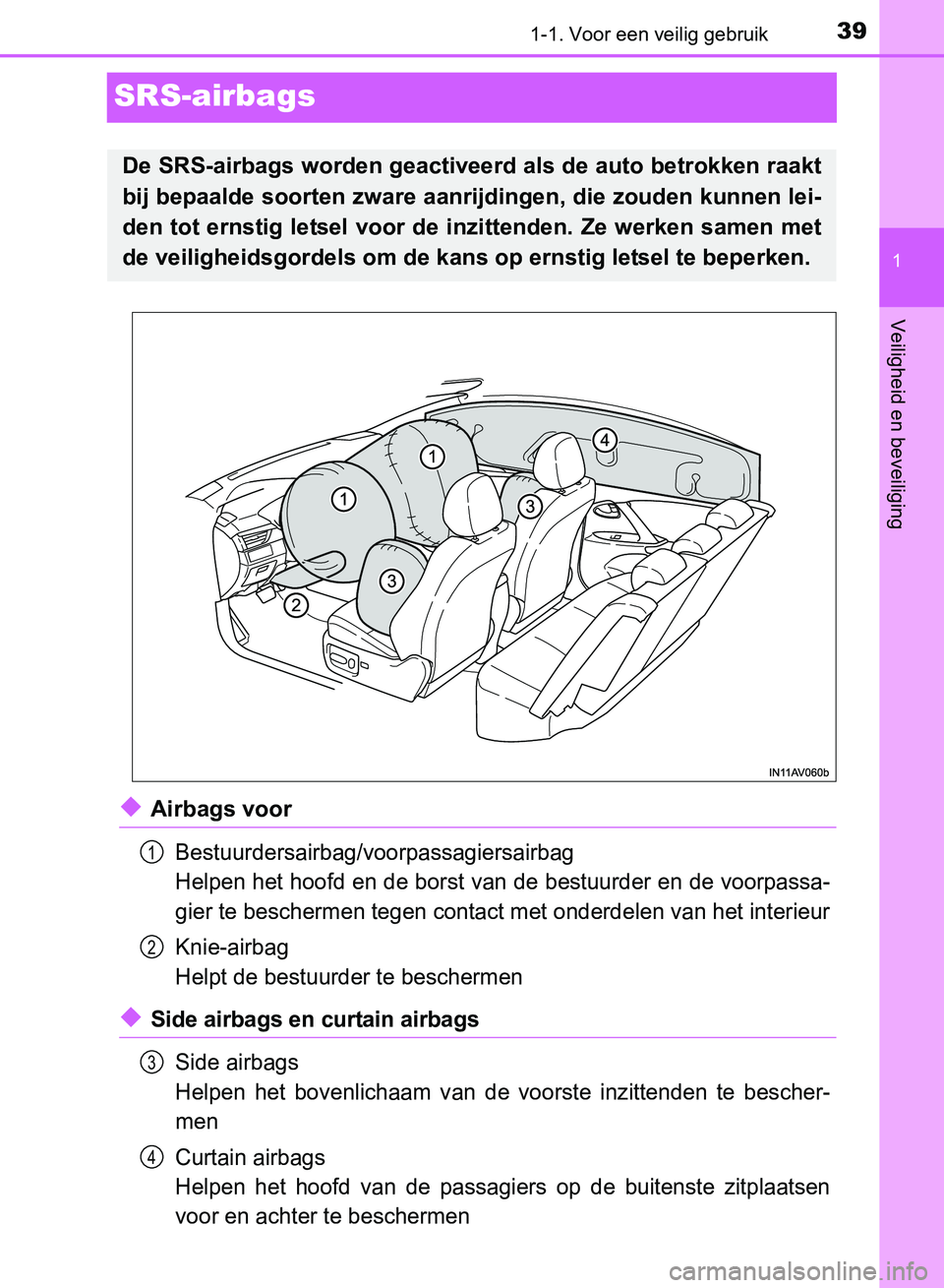 TOYOTA AVENSIS 2017 Instructieboekje (in Dutch) 391-1. Voor een veilig gebruik
1
Veiligheid en beveiliging
AVENSIS_OM_OM20C66E_(EE)
SRS-airbags
◆Airbags voor
Bestuurdersairbag/voorpassagiersairbag
Helpen het hoofd en de borst van de bestuurder en TOYOTA AVENSIS 2017 Instructieboekje (in Dutch) 391-1. Voor een veilig gebruik
1
Veiligheid en beveiliging
AVENSIS_OM_OM20C66E_(EE)
SRS-airbags
◆Airbags voor
Bestuurdersairbag/voorpassagiersairbag
Helpen het hoofd en de borst van de bestuurder en