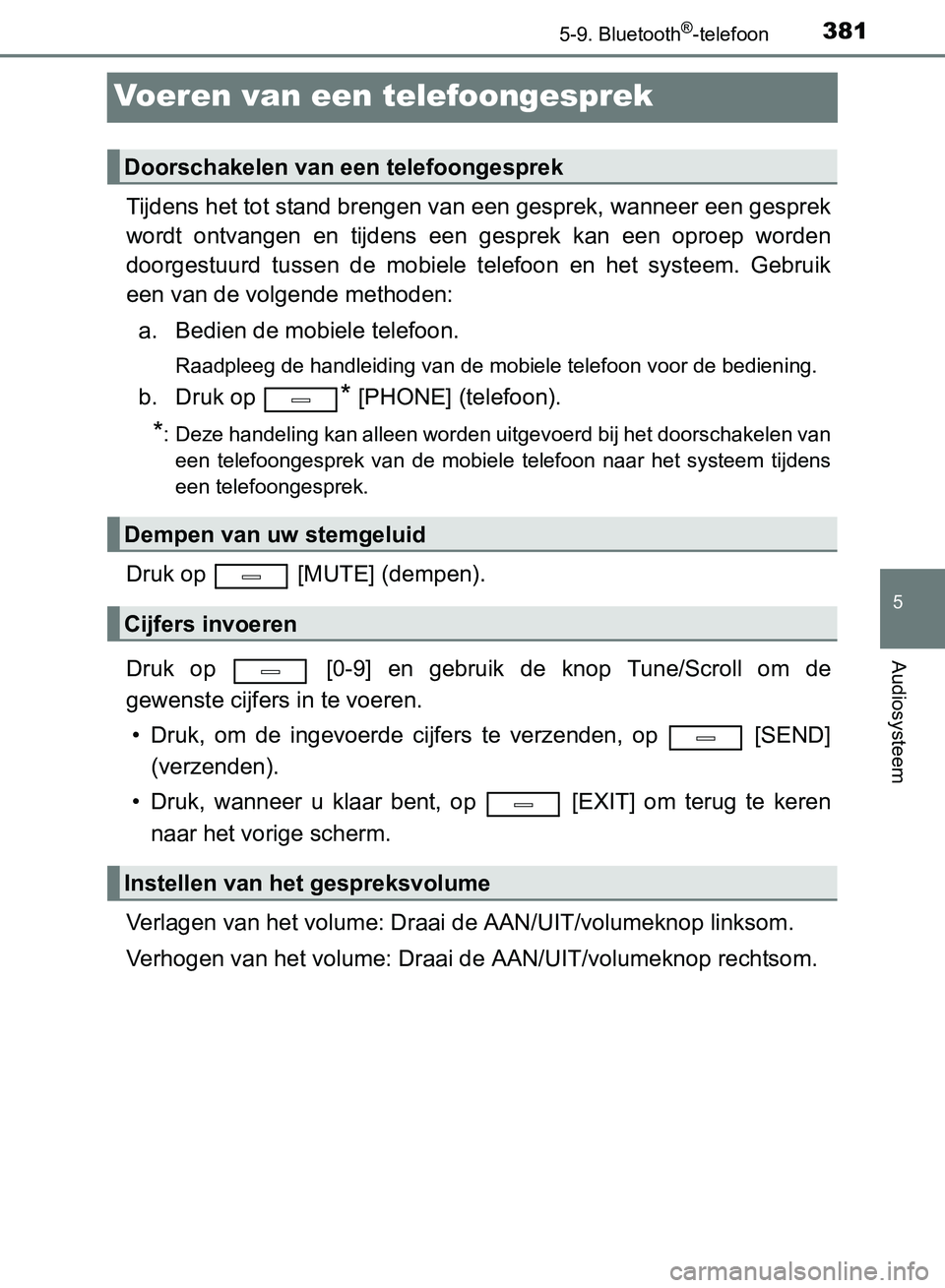 TOYOTA AVENSIS 2017 Instructieboekje (in Dutch) 381
5
5-9. Bluetooth®-telefoon
Audiosysteem
AVENSIS_OM_OM20C66E_(EE)
Voeren van een telefoongesprek
Tijdens het tot stand brengen van een gesprek, wanneer een gesprek
wordt ontvangen en tijdens e TOYOTA AVENSIS 2017 Instructieboekje (in Dutch) 381
5
5-9. Bluetooth®-telefoon
Audiosysteem
AVENSIS_OM_OM20C66E_(EE)
Voeren van een telefoongesprek
Tijdens het tot stand brengen van een gesprek, wanneer een gesprek
wordt ontvangen en tijdens e