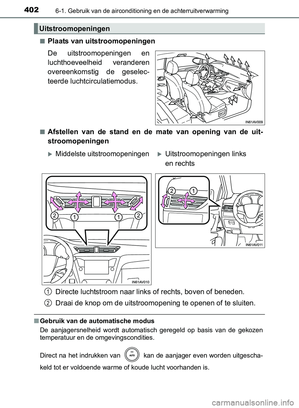 TOYOTA AVENSIS 2017 Instructieboekje (in Dutch) 4026-1. Gebruik van de airconditioning en de achterruitverwarming
AVENSIS_OM_OM20C66E_(EE)■
Plaats van uitstroomopeningen
De uitstroomopeningen en
luchthoeveelheid veranderen
overeenkomstig de TOYOTA AVENSIS 2017 Instructieboekje (in Dutch) 4026-1. Gebruik van de airconditioning en de achterruitverwarming
AVENSIS_OM_OM20C66E_(EE)■
Plaats van uitstroomopeningen
De uitstroomopeningen en
luchthoeveelheid veranderen
overeenkomstig de