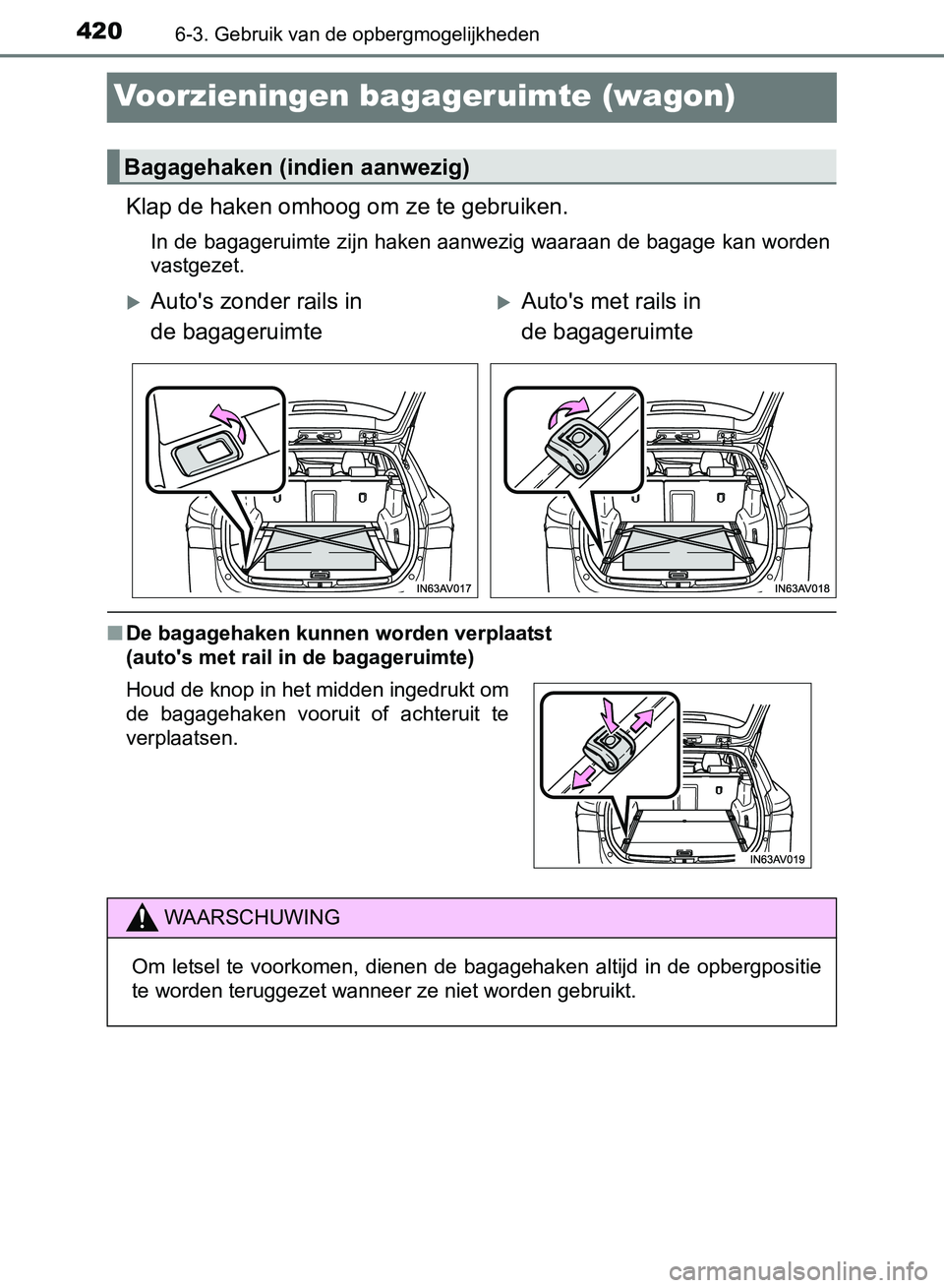 TOYOTA AVENSIS 2017  Instructieboekje (in Dutch) 4206-3. Gebruik van de opbergmogelijkheden
AVENSIS_OM_OM20C66E_(EE)
Voorzieningen bagageruimte (wagon)
Klap de haken omhoog om ze te gebruiken.
In de bagageruimte zijn haken aanwezig waaraan de bagage