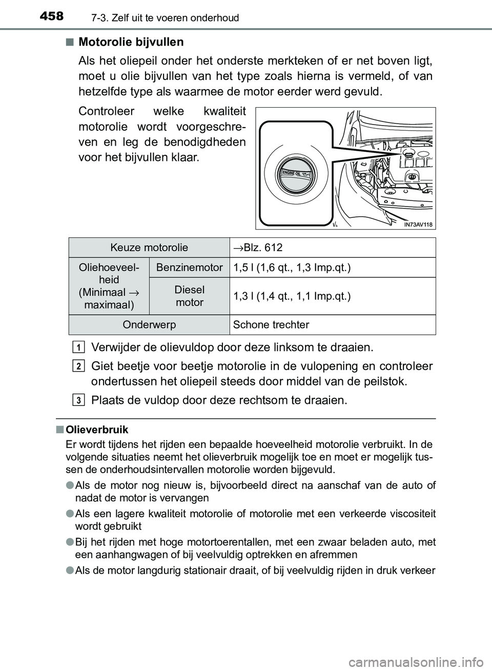 TOYOTA AVENSIS 2017 Instructieboekje (in Dutch) 4587-3. Zelf uit te voeren onderhoud
AVENSIS_OM_OM20C66E_(EE)■
Motorolie bijvullen
Als het oliepeil onder het onderste merkteken of er net boven ligt,
moet u olie bijvullen van het TOYOTA AVENSIS 2017 Instructieboekje (in Dutch) 4587-3. Zelf uit te voeren onderhoud
AVENSIS_OM_OM20C66E_(EE)■
Motorolie bijvullen
Als het oliepeil onder het onderste merkteken of er net boven ligt,
moet u olie bijvullen van het