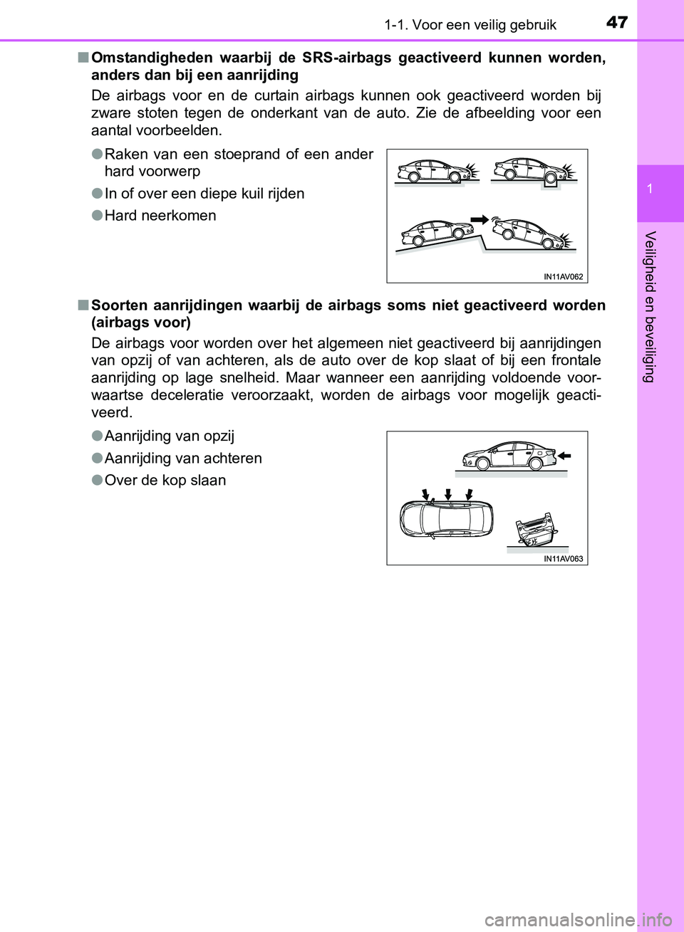TOYOTA AVENSIS 2017 Instructieboekje (in Dutch) 471-1. Voor een veilig gebruik
1
AVENSIS_OM_OM20C66E_(EE)
Veiligheid en beveiliging
■Omstandigheden waarbij de SRS-airbags geactiveerd kunnen worden,
anders dan bij een aanrijding
De airbags TOYOTA AVENSIS 2017 Instructieboekje (in Dutch) 471-1. Voor een veilig gebruik
1
AVENSIS_OM_OM20C66E_(EE)
Veiligheid en beveiliging
■Omstandigheden waarbij de SRS-airbags geactiveerd kunnen worden,
anders dan bij een aanrijding
De airbags