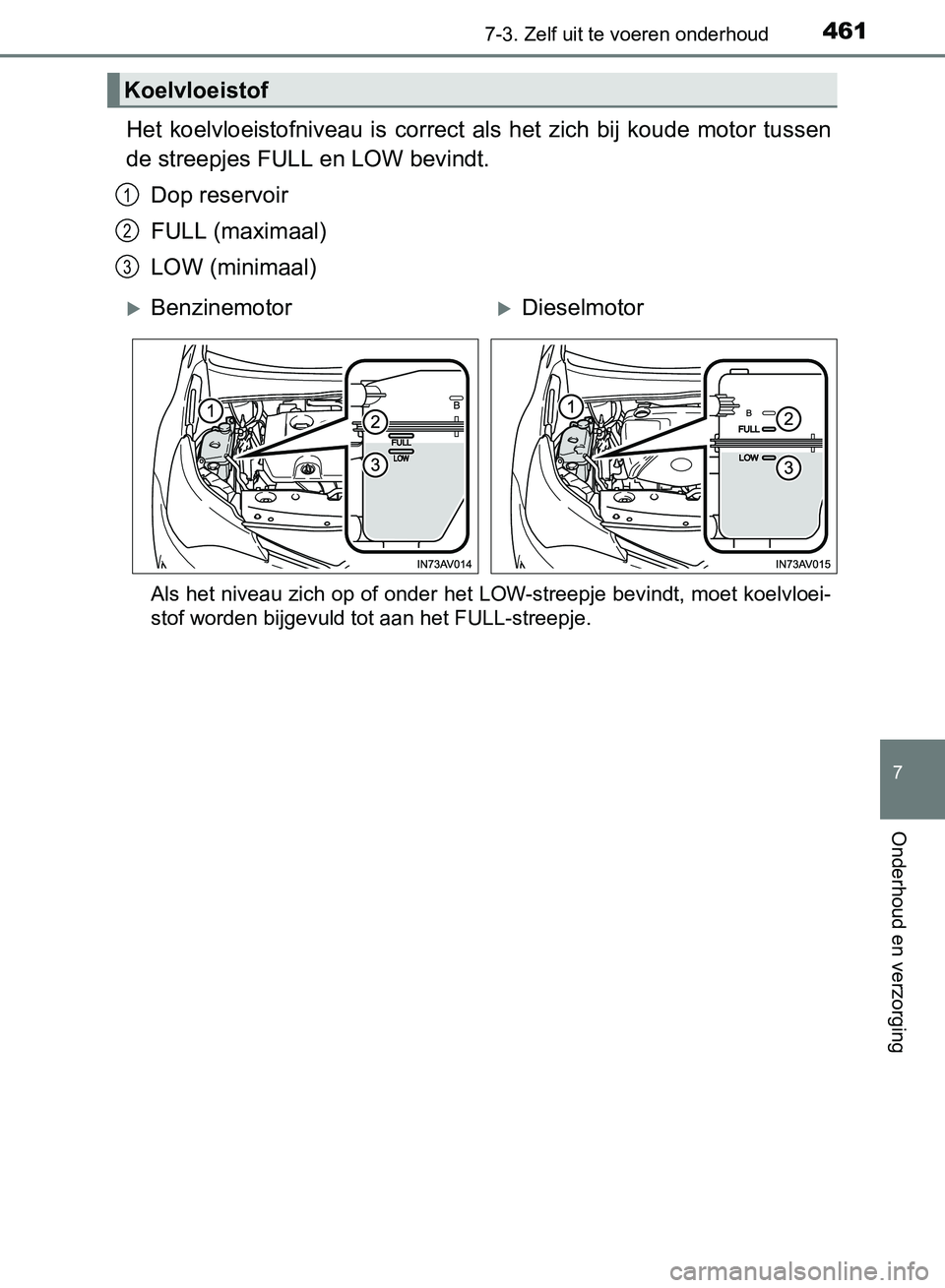TOYOTA AVENSIS 2017 Instructieboekje (in Dutch) 4617-3. Zelf uit te voeren onderhoud
AVENSIS_OM_OM20C66E_(EE)
7
Onderhoud en verzorging
Het koelvloeistofniveau is correct als het zich bij koude motor tussen
de streepjes FULL en LOW bevindt TOYOTA AVENSIS 2017 Instructieboekje (in Dutch) 4617-3. Zelf uit te voeren onderhoud
AVENSIS_OM_OM20C66E_(EE)
7
Onderhoud en verzorging
Het koelvloeistofniveau is correct als het zich bij koude motor tussen
de streepjes FULL en LOW bevindt