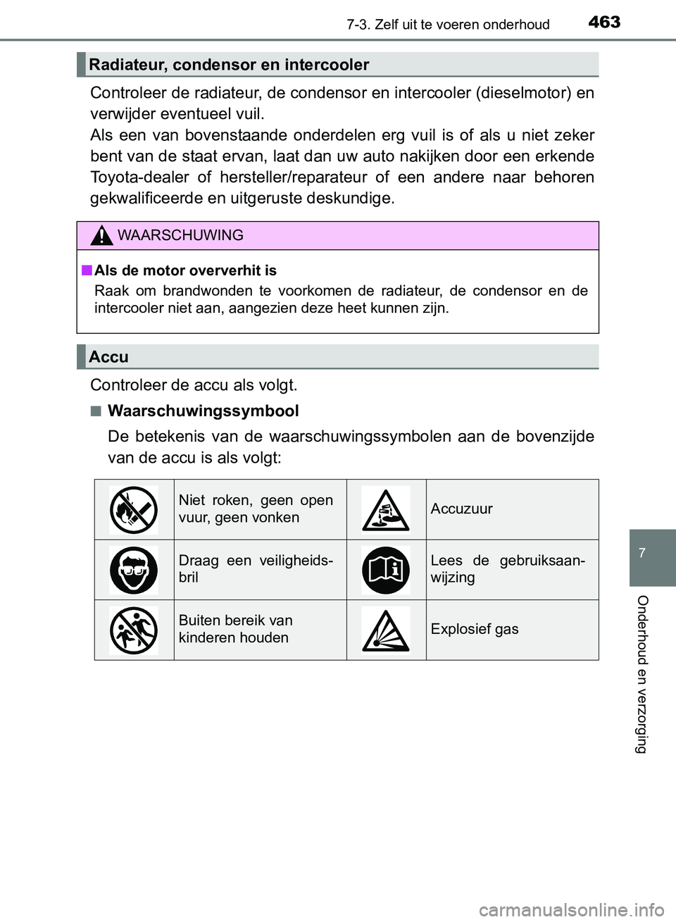 TOYOTA AVENSIS 2017 Instructieboekje (in Dutch) 4637-3. Zelf uit te voeren onderhoud
AVENSIS_OM_OM20C66E_(EE)
7
Onderhoud en verzorging
Controleer de radiateur, de condensor en intercooler (dieselmotor) en
verwijder eventueel vuil.
Als een van TOYOTA AVENSIS 2017 Instructieboekje (in Dutch) 4637-3. Zelf uit te voeren onderhoud
AVENSIS_OM_OM20C66E_(EE)
7
Onderhoud en verzorging
Controleer de radiateur, de condensor en intercooler (dieselmotor) en
verwijder eventueel vuil.
Als een van