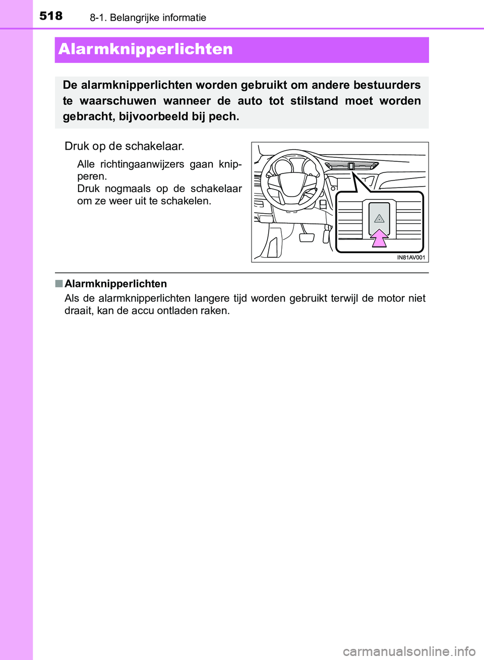 TOYOTA AVENSIS 2017 Instructieboekje (in Dutch) 5188-1. Belangrijke informatie
AVENSIS_OM_OM20C66E_(EE)
Alar mknipperlichten
Druk op de schakelaar.
Alle richtingaanwijzers gaan knip-
peren.
Druk nogmaals op de schakelaar
om ze weer uit te s TOYOTA AVENSIS 2017 Instructieboekje (in Dutch) 5188-1. Belangrijke informatie
AVENSIS_OM_OM20C66E_(EE)
Alar mknipperlichten
Druk op de schakelaar.
Alle richtingaanwijzers gaan knip-
peren.
Druk nogmaals op de schakelaar
om ze weer uit te s