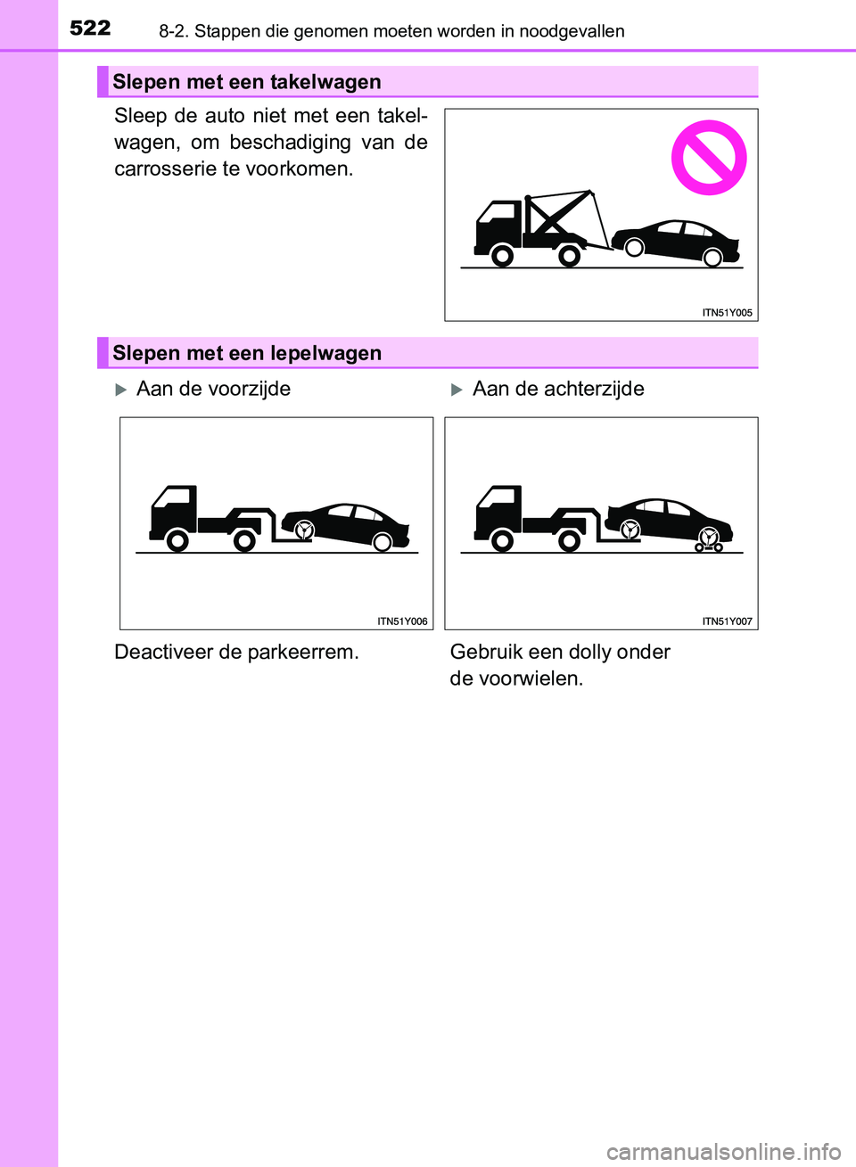 TOYOTA AVENSIS 2017 Instructieboekje (in Dutch) 5228-2. Stappen die genomen moeten worden in noodgevallen
AVENSIS_OM_OM20C66E_(EE)
Sleep de auto niet met een takel-
wagen, om beschadiging van de
carrosserie te voorkomen.
Slepen met een ta TOYOTA AVENSIS 2017 Instructieboekje (in Dutch) 5228-2. Stappen die genomen moeten worden in noodgevallen
AVENSIS_OM_OM20C66E_(EE)
Sleep de auto niet met een takel-
wagen, om beschadiging van de
carrosserie te voorkomen.
Slepen met een ta
