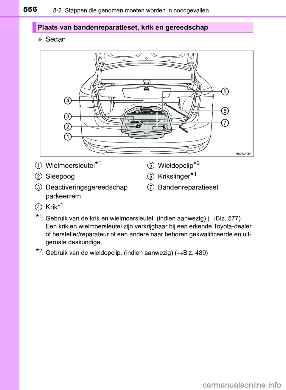 TOYOTA AVENSIS 2017 Instructieboekje (in Dutch) 5568-2. Stappen die genomen moeten worden in noodgevallen
AVENSIS_OM_OM20C66E_(EE)
Sedan
*1: Gebruik van de krik en wielmoersleutel. (indien aanwezig) (→Blz. 577)
Een krik en wielmoersleutel zijn TOYOTA AVENSIS 2017 Instructieboekje (in Dutch) 5568-2. Stappen die genomen moeten worden in noodgevallen
AVENSIS_OM_OM20C66E_(EE)
Sedan
*1: Gebruik van de krik en wielmoersleutel. (indien aanwezig) (→Blz. 577)
Een krik en wielmoersleutel zijn