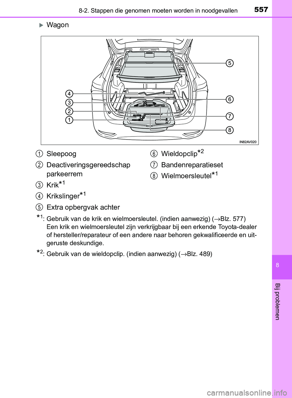 TOYOTA AVENSIS 2017 Instructieboekje (in Dutch) 5578-2. Stappen die genomen moeten worden in noodgevallen
AVENSIS_OM_OM20C66E_(EE)
8
Bij problemen
Wagon
*1: Gebruik van de krik en wielmoersleutel. (indien aanwezig) (→Blz. 577)
Een krik en wiel TOYOTA AVENSIS 2017 Instructieboekje (in Dutch) 5578-2. Stappen die genomen moeten worden in noodgevallen
AVENSIS_OM_OM20C66E_(EE)
8
Bij problemen
Wagon
*1: Gebruik van de krik en wielmoersleutel. (indien aanwezig) (→Blz. 577)
Een krik en wiel
