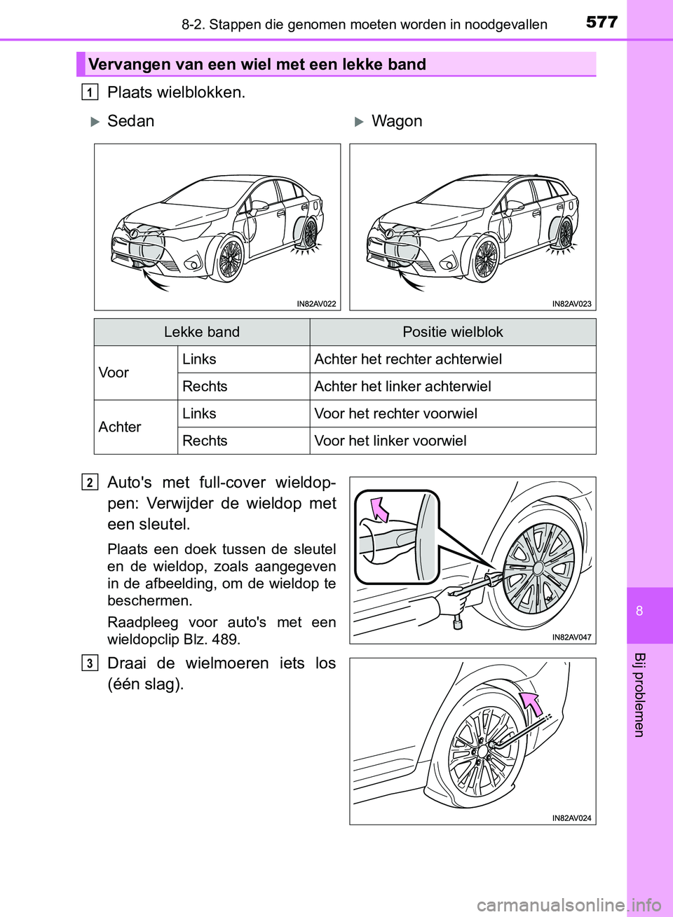 TOYOTA AVENSIS 2017 Instructieboekje (in Dutch) 5778-2. Stappen die genomen moeten worden in noodgevallen
AVENSIS_OM_OM20C66E_(EE)
8
Bij problemen
Plaats wielblokken.
Auto's met full-cover wieldop-
pen: Verwijder de wieldop met
een sleut TOYOTA AVENSIS 2017 Instructieboekje (in Dutch) 5778-2. Stappen die genomen moeten worden in noodgevallen
AVENSIS_OM_OM20C66E_(EE)
8
Bij problemen
Plaats wielblokken.
Auto's met full-cover wieldop-
pen: Verwijder de wieldop met
een sleut