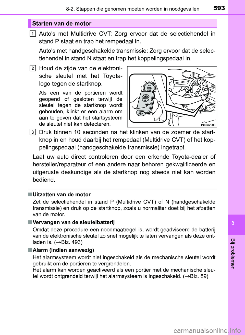 TOYOTA AVENSIS 2017  Instructieboekje (in Dutch) 5938-2. Stappen die genomen moeten worden in noodgevallen
AVENSIS_OM_OM20C66E_(EE)
8
Bij problemen
Auto's  met  Multidrive  CVT:  Zorg  ervoor  dat  de  selectiehendel  in
stand P staat en trap he