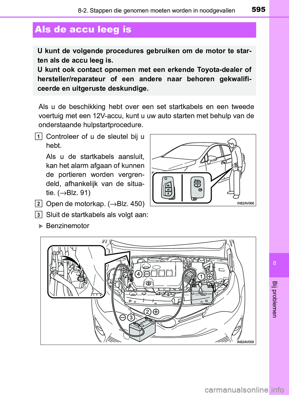 TOYOTA AVENSIS 2017  Instructieboekje (in Dutch) 5958-2. Stappen die genomen moeten worden in noodgevallen
AVENSIS_OM_OM20C66E_(EE)
8
Bij problemen
Als de accu leeg is
Als  u  de  beschikking  hebt  over  een  set  startkabels  en  een  tweede
voert