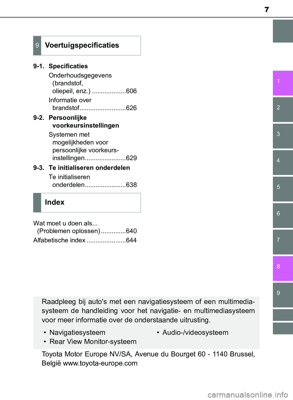 TOYOTA AVENSIS 2017 Instructieboekje (in Dutch) 7
1
8 6 5
4
3
2
AVENSIS_OM_OM20C66E_(EE)
9
7
9-1. Specificaties
Onderhoudsgegevens
(brandstof,
oliepeil, enz.) ...................606
Informatie over
brandstof..........................626
9-2. Per TOYOTA AVENSIS 2017 Instructieboekje (in Dutch) 7
1
8 6 5
4
3
2
AVENSIS_OM_OM20C66E_(EE)
9
7
9-1. Specificaties
Onderhoudsgegevens
(brandstof,
oliepeil, enz.) ...................606
Informatie over
brandstof..........................626
9-2. Per