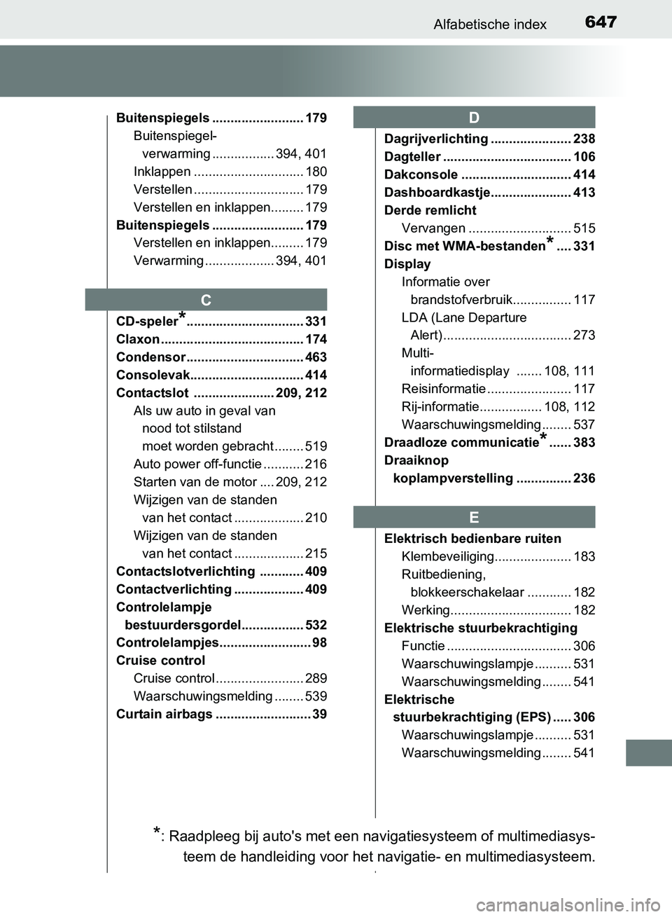 TOYOTA AVENSIS 2017 Instructieboekje (in Dutch) 647Alfabetische index
AVENSIS_OM_OM20C66E_(EE)
Buitenspiegels ......................... 179
Buitenspiegel-
verwarming ................. 394, 401
Inklappen .............................. 180
Verstellen TOYOTA AVENSIS 2017 Instructieboekje (in Dutch) 647Alfabetische index
AVENSIS_OM_OM20C66E_(EE)
Buitenspiegels ......................... 179
Buitenspiegel-
verwarming ................. 394, 401
Inklappen .............................. 180
Verstellen