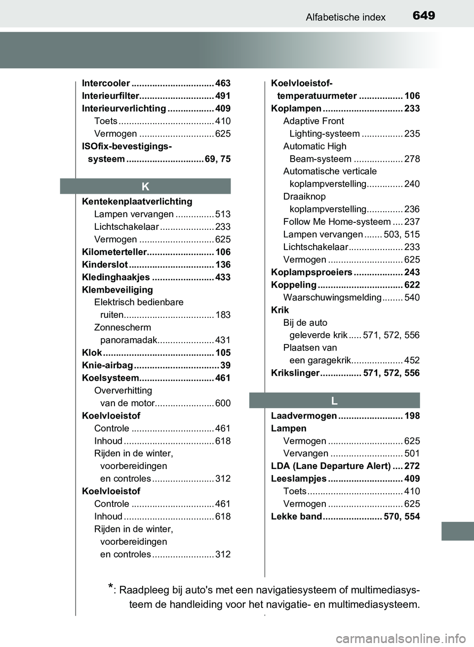 TOYOTA AVENSIS 2017 Instructieboekje (in Dutch) 649Alfabetische index
AVENSIS_OM_OM20C66E_(EE)
Intercooler ................................ 463
Interieurfilter............................. 491
Interieurverlichting .................. 409
Toets ..... TOYOTA AVENSIS 2017 Instructieboekje (in Dutch) 649Alfabetische index
AVENSIS_OM_OM20C66E_(EE)
Intercooler ................................ 463
Interieurfilter............................. 491
Interieurverlichting .................. 409
Toets .....