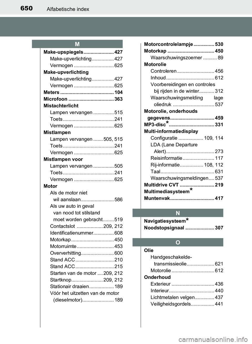 TOYOTA AVENSIS 2017 Instructieboekje (in Dutch) 650Alfabetische index
AVENSIS_OM_OM20C66E_(EE)
Make-upspiegels ...................... 427
Make-upverlichting ................ 427
Vermogen ............................. 625
Make-upverlichting
Make-upv TOYOTA AVENSIS 2017 Instructieboekje (in Dutch) 650Alfabetische index
AVENSIS_OM_OM20C66E_(EE)
Make-upspiegels ...................... 427
Make-upverlichting ................ 427
Vermogen ............................. 625
Make-upverlichting
Make-upv