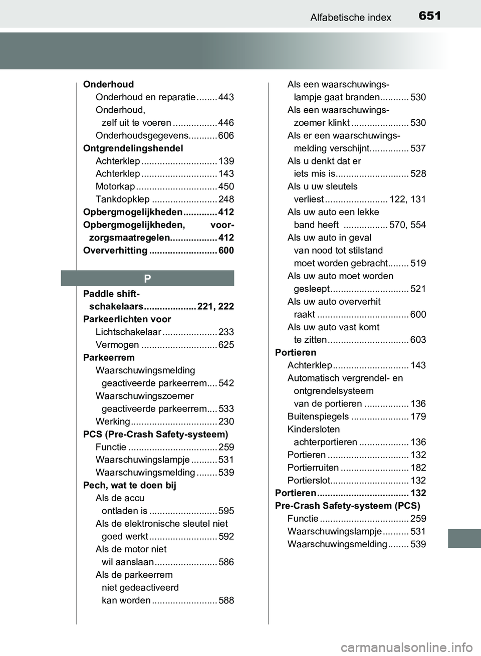 TOYOTA AVENSIS 2017 Instructieboekje (in Dutch) 651Alfabetische index
AVENSIS_OM_OM20C66E_(EE)
Onderhoud
Onderhoud en reparatie ........ 443
Onderhoud,
zelf uit te voeren ................. 446
Onderhoudsgegevens........... 606
Ontgrendelingshendel TOYOTA AVENSIS 2017 Instructieboekje (in Dutch) 651Alfabetische index
AVENSIS_OM_OM20C66E_(EE)
Onderhoud
Onderhoud en reparatie ........ 443
Onderhoud,
zelf uit te voeren ................. 446
Onderhoudsgegevens........... 606
Ontgrendelingshendel