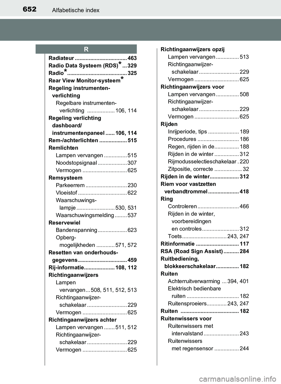 TOYOTA AVENSIS 2017 Instructieboekje (in Dutch) 652Alfabetische index
AVENSIS_OM_OM20C66E_(EE)
Radiateur .................................. 463
Radio Data Systeem (RDS)
*... 329
Radio
*....................................... 325
Rear View Monitor-s TOYOTA AVENSIS 2017 Instructieboekje (in Dutch) 652Alfabetische index
AVENSIS_OM_OM20C66E_(EE)
Radiateur .................................. 463
Radio Data Systeem (RDS)
*... 329
Radio
*....................................... 325
Rear View Monitor-s