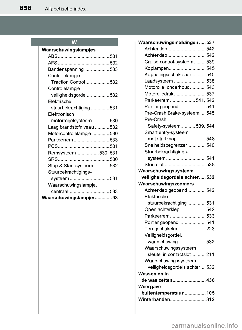 TOYOTA AVENSIS 2017 Instructieboekje (in Dutch) 658Alfabetische index
AVENSIS_OM_OM20C66E_(EE)
Waarschuwingslampjes
ABS ....................................... 531
AFS ....................................... 532
Bandenspanning ................... 5 TOYOTA AVENSIS 2017 Instructieboekje (in Dutch) 658Alfabetische index
AVENSIS_OM_OM20C66E_(EE)
Waarschuwingslampjes
ABS ....................................... 531
AFS ....................................... 532
Bandenspanning ................... 5