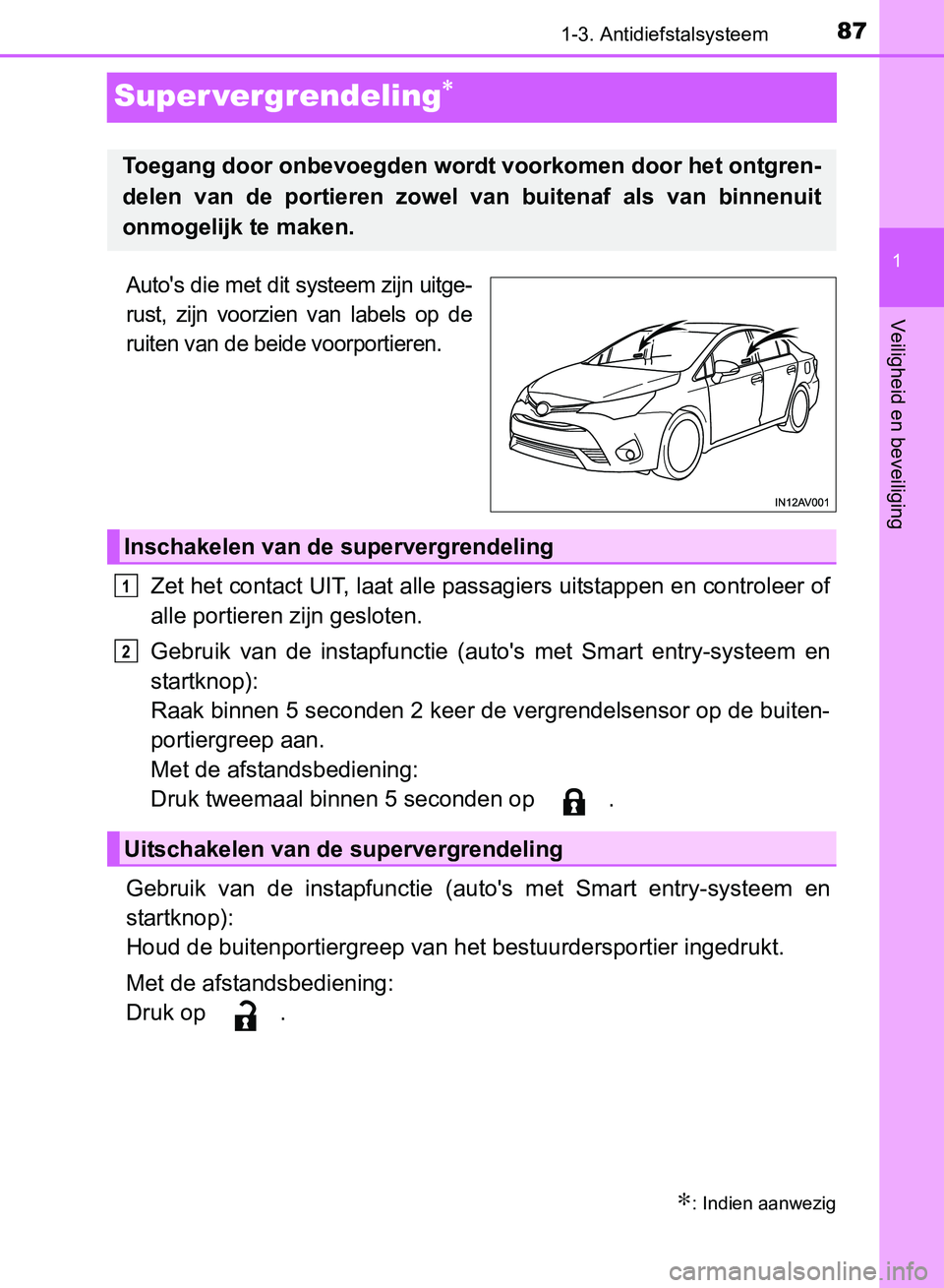 TOYOTA AVENSIS 2017 Instructieboekje (in Dutch) 87
1
1-3. Antidiefstalsysteem
AVENSIS_OM_OM20C66E_(EE)
Veiligheid en beveiliging
Super vergrendeling∗
Auto's die met dit systeem zijn uitge-
rust, zijn voorzien van labels op de
ruiten van TOYOTA AVENSIS 2017 Instructieboekje (in Dutch) 87
1
1-3. Antidiefstalsysteem
AVENSIS_OM_OM20C66E_(EE)
Veiligheid en beveiliging
Super vergrendeling∗
Auto's die met dit systeem zijn uitge-
rust, zijn voorzien van labels op de
ruiten van